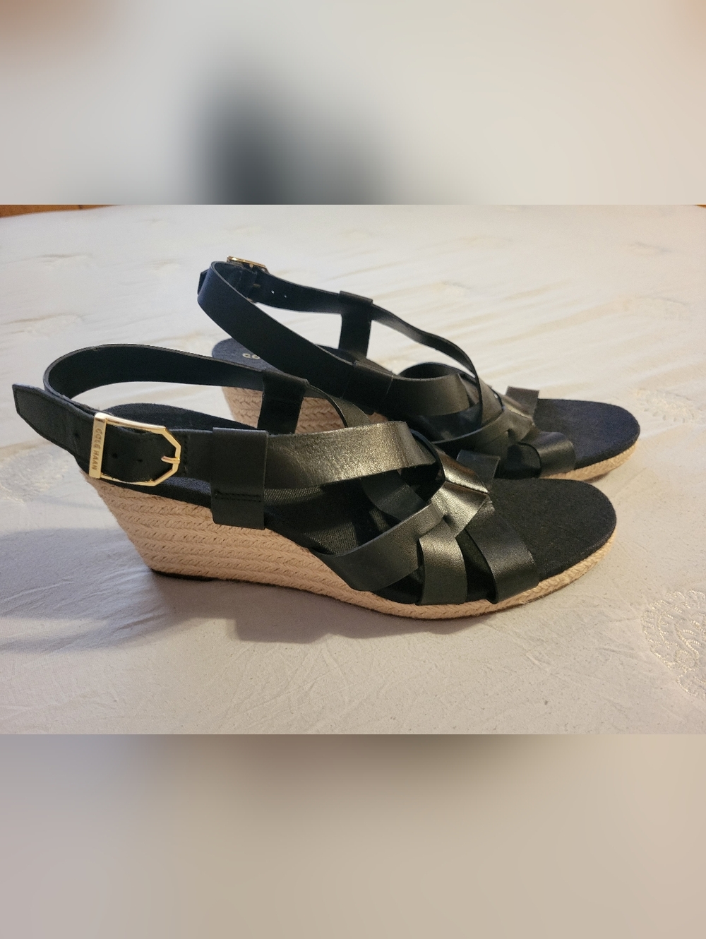 Cole Haan Women's Crystal Black Leather Wedge Sandals, NWOB, Size 9